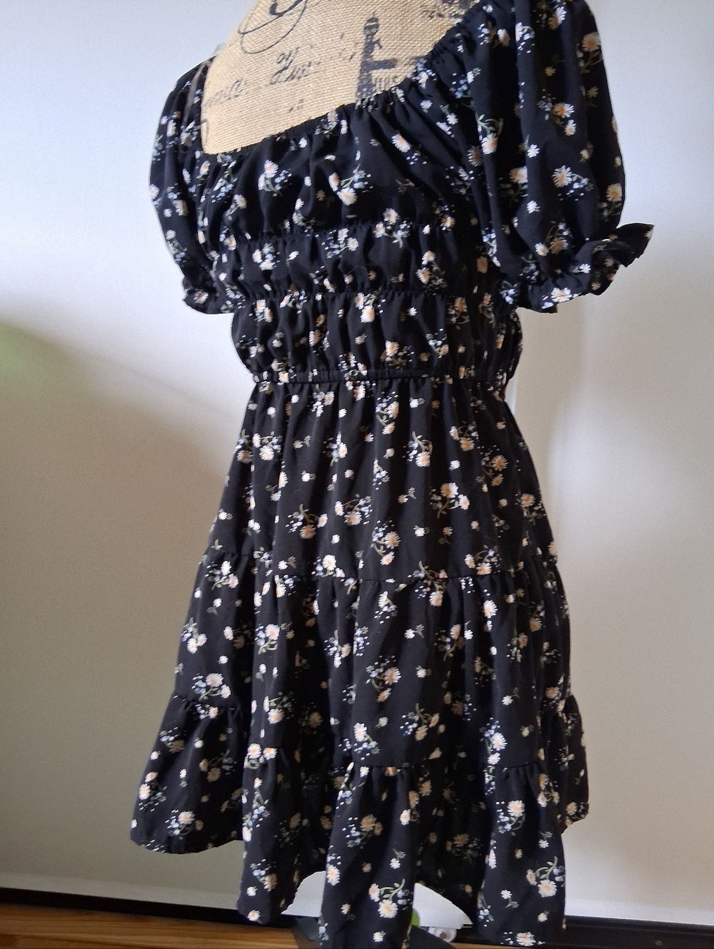 Midi Daisy Print Dress Puff Short Elastic Sleeve Spring Casual - Picture 2 of 6